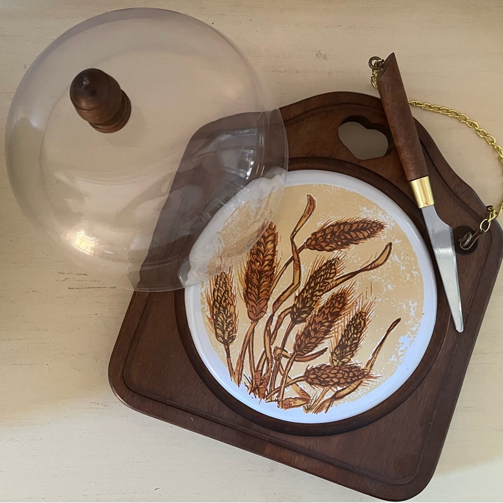 Vintage Wheat Motif Ceramic Cheese Plate with Wooden Board and Dome  Brown/Cream